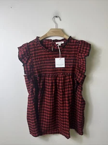 Beach Lunch Lounge Plaid Smocked Ruffle Sleeves Top Blouse Red XL NWT - Picture 1 of 6