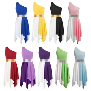 UK Girls Liturgical Praise Dance Dress Color Block One Shoulder Worship Church - Picture 1 of 100