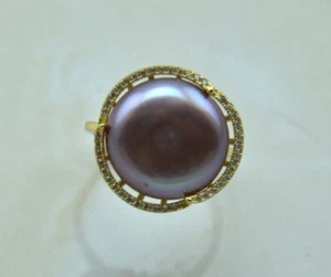 S1982 Echt Natur 15mm Lila Münze Perle 925 Sterling Silber Ring Größenverstellbar - Bild 1 von 2