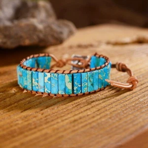 Natural Turquoise Tube Stone Bracelet Leather Braided Healing Bracelet US - Picture 1 of 2