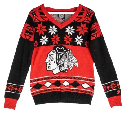 Chicago Blackhawks NHL Feo Navidad Suéter Oficial Cuello en V Para Mujer Talla M Foto 1 de 4