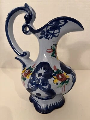 Jarrón jarra floral azul cerámica Portugal 8" Country Chic Cottage Core Foto 1 de 4