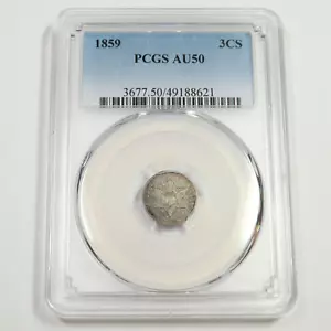 1859 P PCGS AU50 - 3 Cent Three Cent Silver Trime - 3c US Coin #49787A - Picture 1 of 4