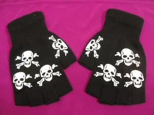 Skull Gloves Black Half Finger Gothic Whimsy Punk Rocker Grunge Biker Babe Rave - Picture 1 of 7