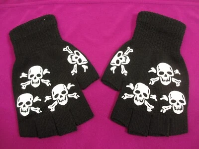 Skull Gloves Black Half Finger Gothic Whimsy Punk Rocker Grunge Biker Babe Rave - Image 1 of 4