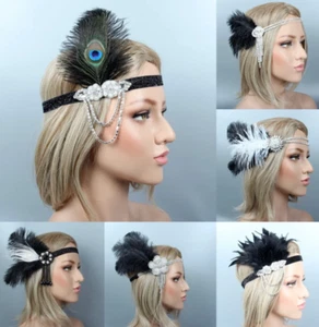 Vintage Gatsby Feather Headband Black Rhinestone Beaded Sequin Costume Party - Picture 1 of 10