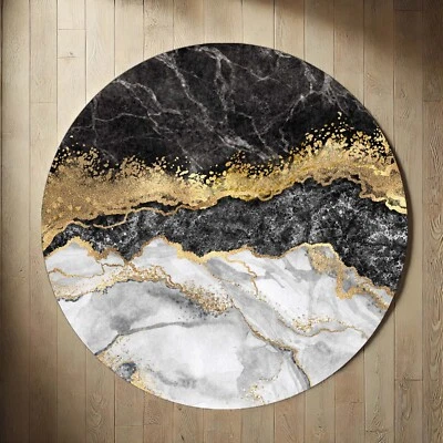 Round Marble Rug, Gold Accent Carpet, Black White Rug, Glam Living Room - Image 1 of 4
