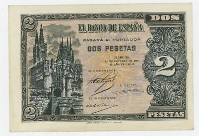 Spain España 2 Pesetas 12-10-1937 P 105.a aUNC Almost Uncirculated Banknote RARE - Image 1 of 2