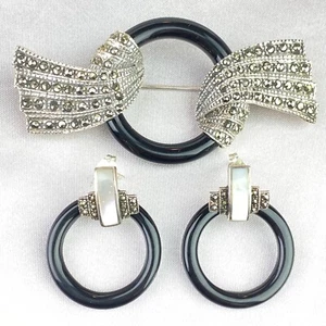 STERLING SILVER 925 SET Brooch, Pierced Earrings Marcasite Onyx Hoop - Picture 1 of 15