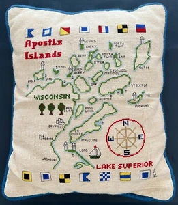 Vtg Apostle Islands WI Small Sailing Maritime Needlepoint Pillow 13” x 10.5” VGC - Picture 1 of 5