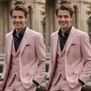 Pink Linen Men's Suits Formal Business Wedding Groom Tuxedos Blazer Pant Vests - Picture 1 of 7