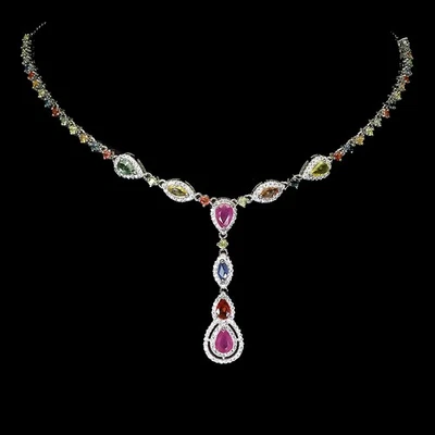 925 Sterling Silver Necklace Pear Ruby 7x5mm Sapphire Gemstone Jewelry 17 Inches - Image 1 of 4