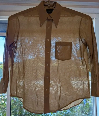 Vintage JC Penney 70s Sheer Disco Shirt XXL 16.5/33 Tan 4" Dagger Collar - Image 1 of 4