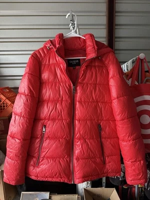 GUESS Red Puffer Jacket Men’s Size M – Hooded (removable) Warm Winter Coat - Image 1 of 4
