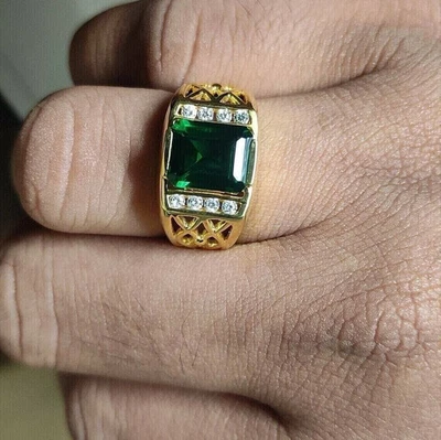 Art Deco Style Lab-Created Cushion Cut Emerald Gents Ring 14k Yellow Gold FN - Image 1 of 4
