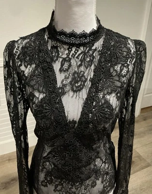 Blusa Victorian Vamp de renda transparente gola alta |1800s Dark Goddess Gothic Top tamanho P/M - Imagem 1 de 4