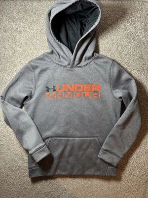 Under Armour Hoodie Sweatshirt Size YMD Loose Gray With Orange Logo - Image 1 of 4