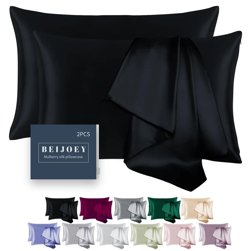 Mulberry Silk Pillowcase 2 Pack with Hidden Zipper (Black Standard 20''x26'')