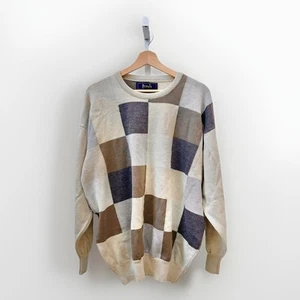 Pringle of Scotland Lambswool Sweater Mens XL Long Sleeve Check Brown Crew Neck - Picture 1 of 15