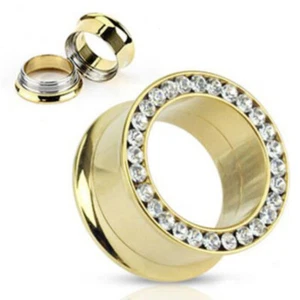Pair Gemmed Rim Gold IP 316L Surgical Steel Screw Fit Double body jewelry punk - Picture 1 of 3
