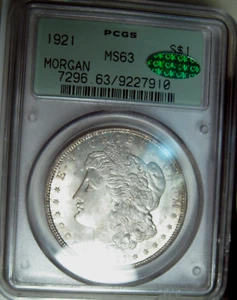 1921 MORGAN DOLLAR~PCGS SCARCE 2.1 OGH MS63 CAC APPROVED~NICE LAST YEAR PQ * - Imagen 1 de 5