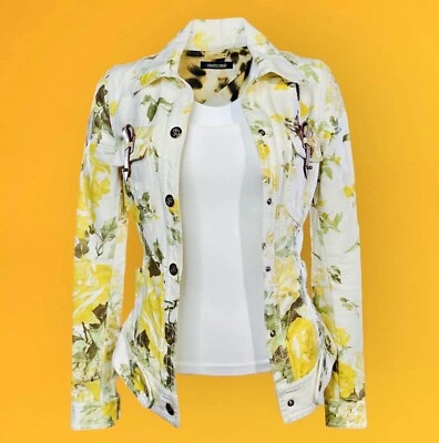 Chaqueta Denim Rara Roberto Cavalli Y2K Blanca Estampado Floral Amarillo y Dorado - Talla 40 Foto 1 de 4