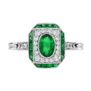 18K White Gold Emerald Diamond Art Deco Style Engagement Ring  - Picture 1 of 11