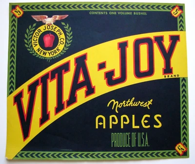 Original raro 1 bu VITA JOY etiqueta de caixa de maçã Victor Joesph New York Yakima WA - Imagem 1 de 4