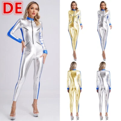 inhzoy DE Damen Jumpsuit Glitzer Body Overall Metallic Catsuit Fasching Clubwear - Bild 1 von 4