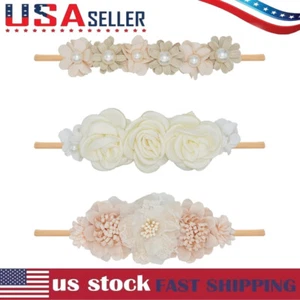 3 PCS Baby Girl Flower Headbands Set, Elastic Nylon Floral Hair Band, Bows Wrap - Picture 1 of 6