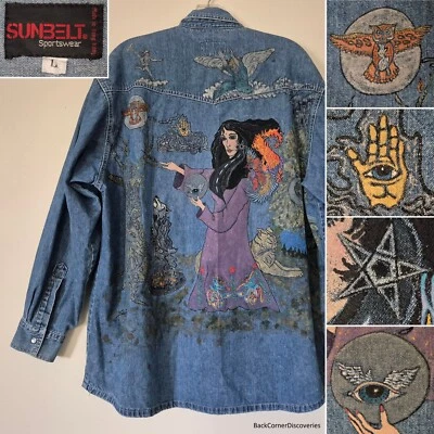 Chaqueta de mezclilla azul Sunbelt Sportswear pintada a mano Witchcraft & Magic para mujer L Foto 1 de 4