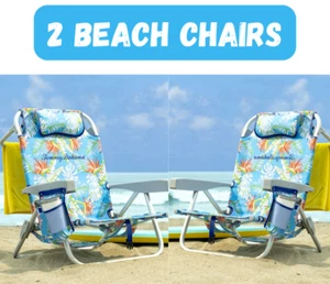 2-PACK Tommy Bahama Backpack Folding Reclining Beach Chair- Blue Floral - Picture 1 of 6