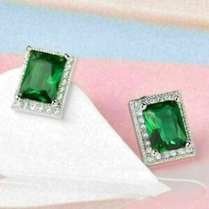 4Ct Emerald Cut Lab Created Green Emerald Stud Earrings 14K Gold Plated Silver