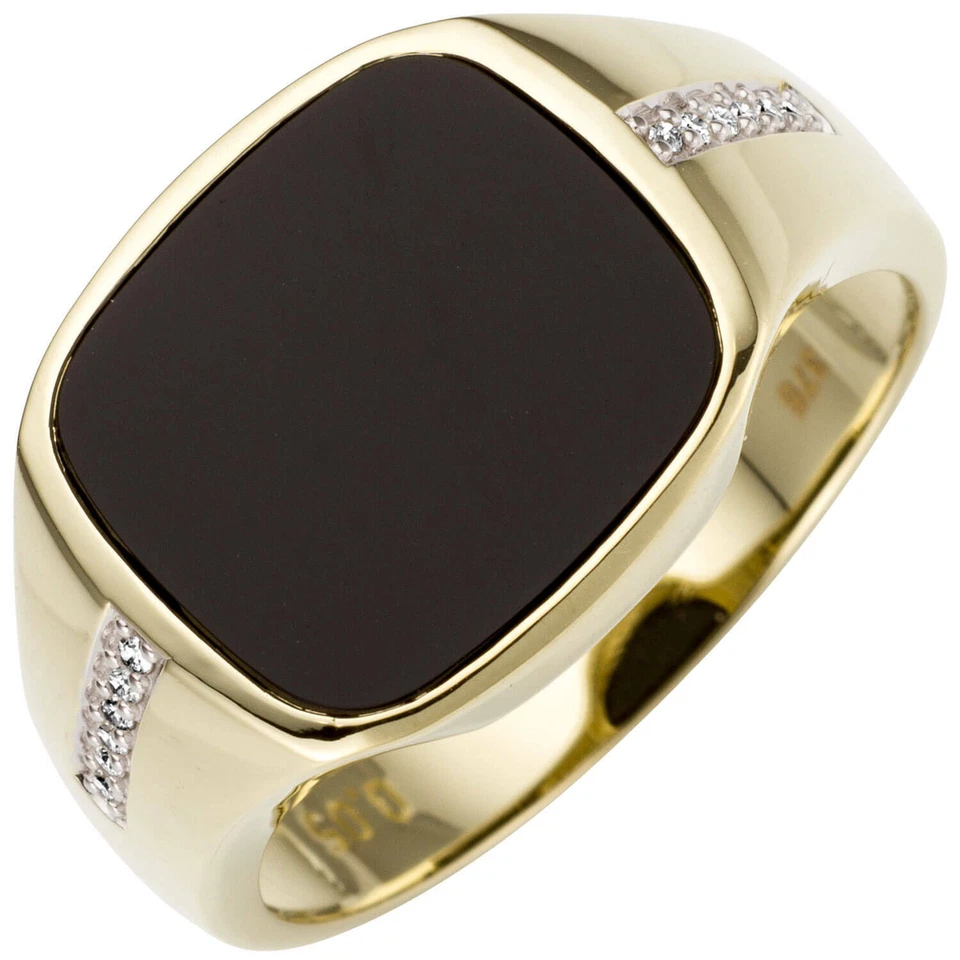 Anillo De Hombre De Oro Amarillo 585 Con 12 Diamantes Y Ónix Negro Plano - Imagen 1 de 1