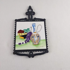 Vintage HS Hand Painted Tile Cast Iron Trivet Wine Cheese Grapes Japan 7"x12" - Picture 1 of 8