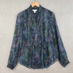 Coldwater Creek Top Womens Medium Blue Bohemian Chiffon Relaxed Henley Lined - Picture 1 of 22