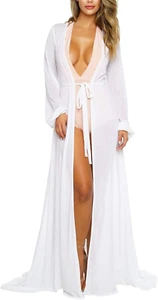 Women'S Sexy Thin Mesh Long Sleeve Tie Front Swimsuit Swim Beach Maxi Cover up D - Picture 1 of 12