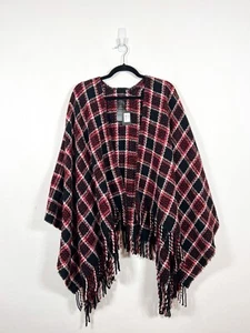 Maje Poncho Womens One Size Black Red Check Plaid Boucle Tweed Fringed Shawl New - Picture 1 of 13