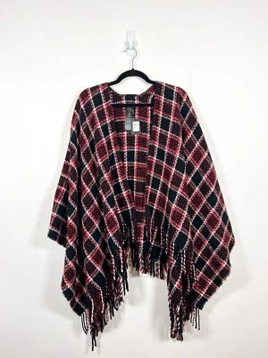 Poncho Maje Mujer Talla Única Negro Rojo Cuadros Boucle Tweed Flecos Chal Nuevo Foto 1 de 4
