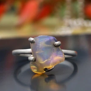 Handmade 925 Sterling Silver Prong Set Natural Ethiopian Opal Ring S-7 - Picture 1 of 6
