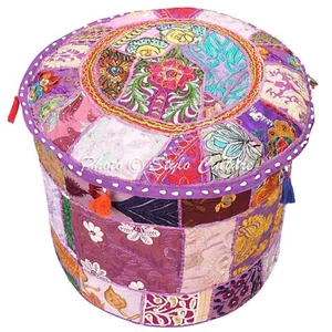 Ethnic Round Pouf Cover Patchwork Embroidered Ottoman Sofa Bohemian 18" Purple - Picture 1 of 3