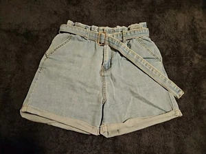 Women's Shein shorts size L 10 blue denim stretchy paperbag pockets belt 351 - Picture 1 of 9