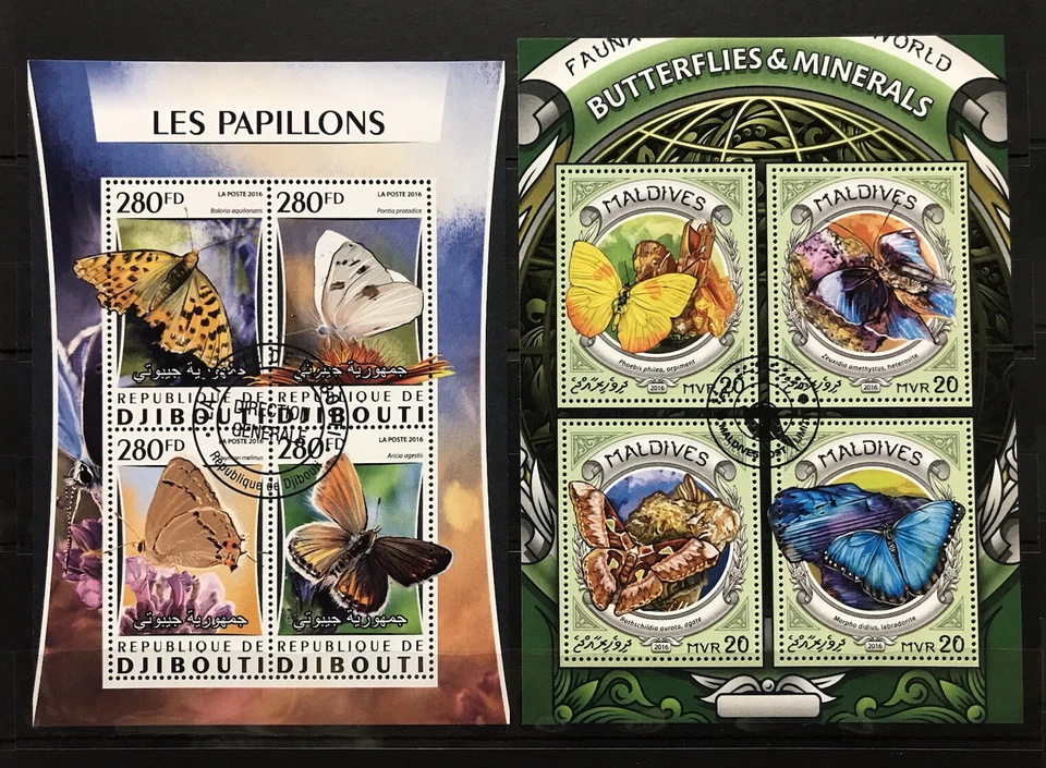 2x Butterflies / Insects on stamps - Timbres - Djibouti - Maldives - CTO - Z114 - Image 1 of 1