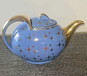 Vintage Hall periwinkle blue and gold starburst teapot 1950”s Mid Century Modern - Picture 1 of 13