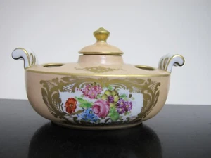 Vintage LIMOGES French Porcelain Hand Painted Floral INKWELL Incense Lidded Jar - Picture 1 of 7