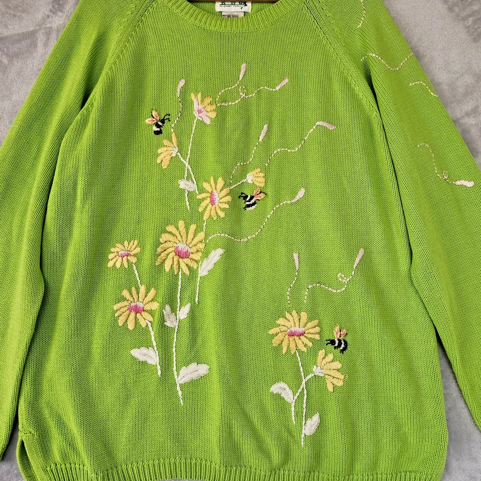 Vintage Quacker Factory Sweater Womens Large Embroidered Flowers Bumble Bees - Image 1 of 4