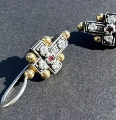 Vintage Konstantino Sterling Silver 18k Diamond Ruby Dangle Cross Earrings - Image 1 of 4