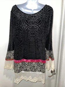 Ivy Jane Black Velvet Burnout Blouse SZ L Cream Lace /Pink Velvet Ribbon - Picture 1 of 17