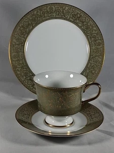 SANGO CHINA VERSAILLES TRÍO GRUPO DE PLATO DE ENSALADA TAZA Y PLATILLO #3632 VERDE Y DORADO - Imagen 1 de 10