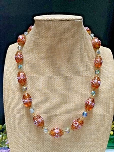 Fabulous Vintage Amber Murano Wedding Cake Venetian AB Glass Bead 21" Necklace - Picture 1 of 14